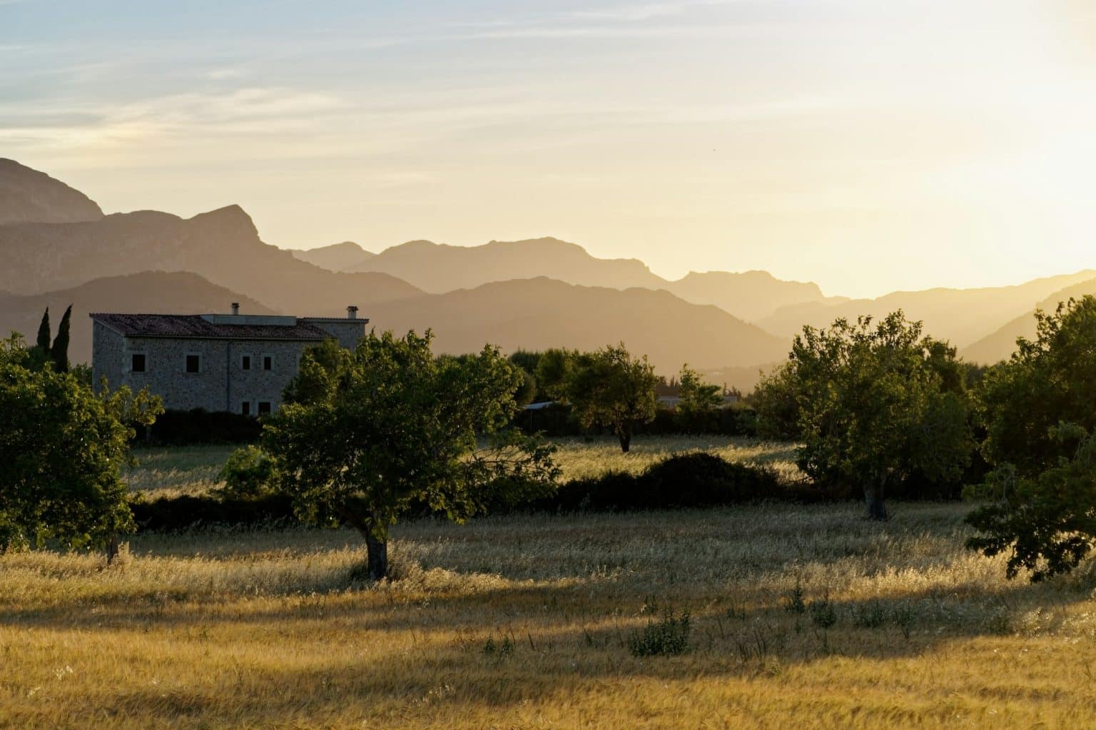 Country house among olive trees in an inland valley at sunset, Costa Blanca
